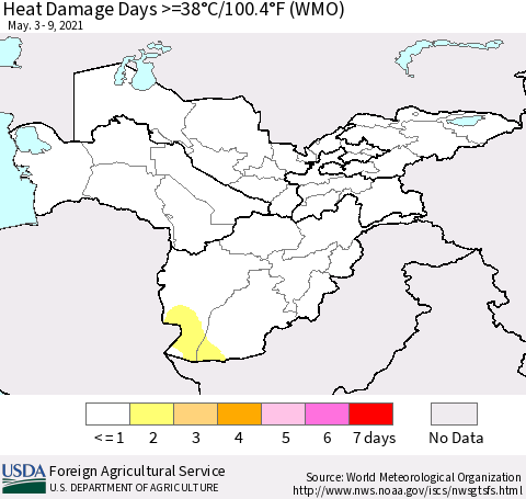 Central Asia Heat Damage Days >=38°C/100°F (WMO) Thematic Map For 5/3/2021 - 5/9/2021