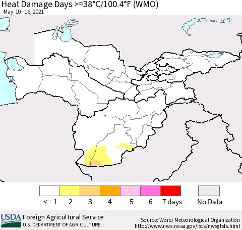 Central Asia Heat Damage Days >=38°C/100°F (WMO) Thematic Map For 5/10/2021 - 5/16/2021