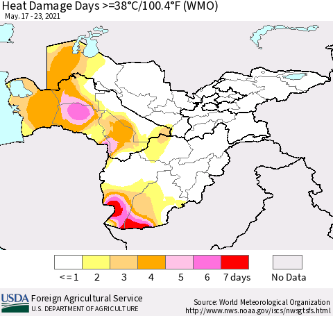 Central Asia Heat Damage Days >=38°C/100°F (WMO) Thematic Map For 5/17/2021 - 5/23/2021