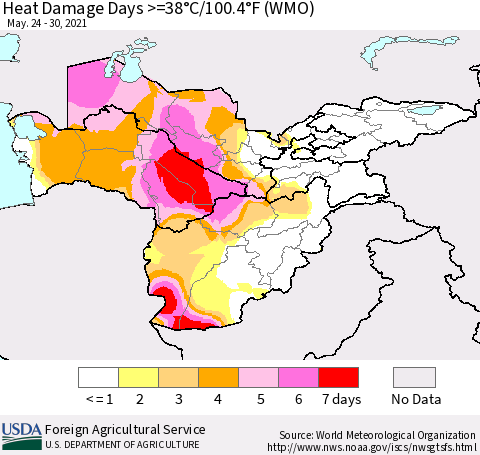 Central Asia Heat Damage Days >=38°C/100°F (WMO) Thematic Map For 5/24/2021 - 5/30/2021