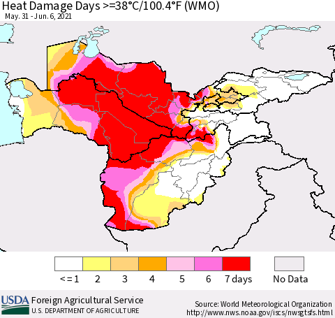 Central Asia Heat Damage Days >=38°C/100°F (WMO) Thematic Map For 5/31/2021 - 6/6/2021