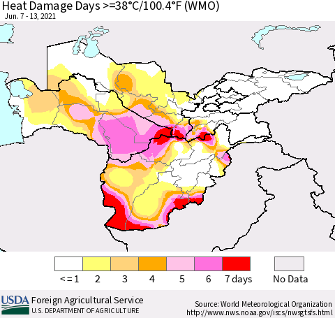 Central Asia Heat Damage Days >=38°C/100°F (WMO) Thematic Map For 6/7/2021 - 6/13/2021