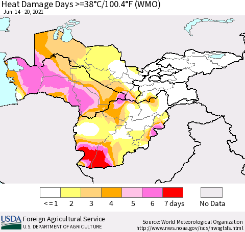 Central Asia Heat Damage Days >=38°C/100°F (WMO) Thematic Map For 6/14/2021 - 6/20/2021