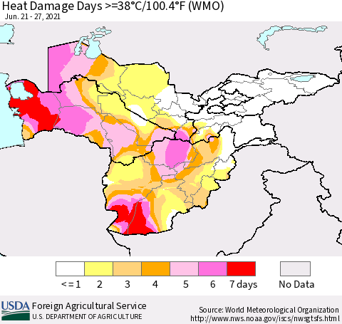 Central Asia Heat Damage Days >=38°C/100°F (WMO) Thematic Map For 6/21/2021 - 6/27/2021