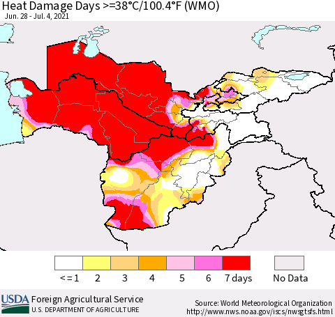Central Asia Heat Damage Days >=38°C/100°F (WMO) Thematic Map For 6/28/2021 - 7/4/2021