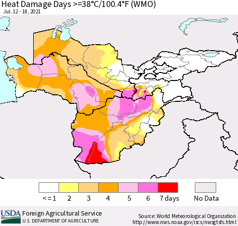 Central Asia Heat Damage Days >=38°C/100°F (WMO) Thematic Map For 7/12/2021 - 7/18/2021