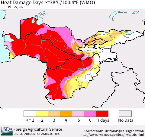 Central Asia Heat Damage Days >=38°C/100°F (WMO) Thematic Map For 7/19/2021 - 7/25/2021