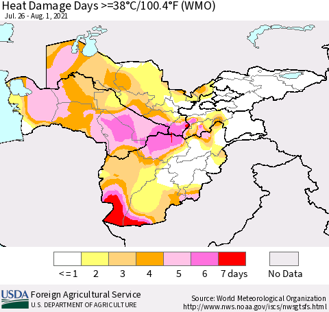Central Asia Heat Damage Days >=38°C/100°F (WMO) Thematic Map For 7/26/2021 - 8/1/2021
