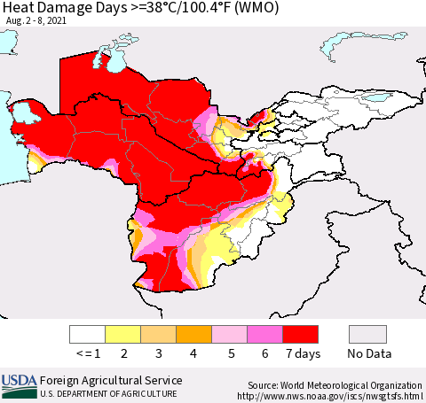 Central Asia Heat Damage Days >=38°C/100°F (WMO) Thematic Map For 8/2/2021 - 8/8/2021