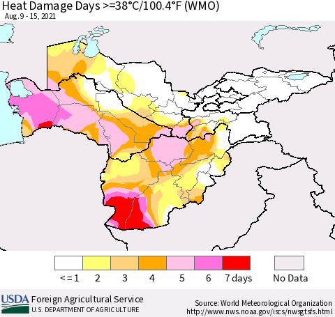 Central Asia Heat Damage Days >=38°C/100°F (WMO) Thematic Map For 8/9/2021 - 8/15/2021