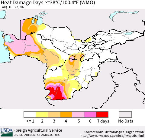 Central Asia Heat Damage Days >=38°C/100°F (WMO) Thematic Map For 8/16/2021 - 8/22/2021