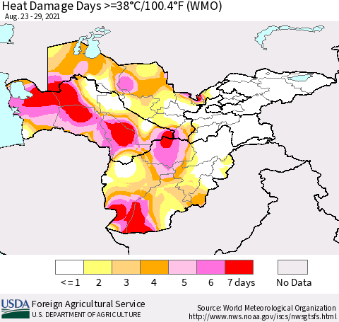 Central Asia Heat Damage Days >=38°C/100°F (WMO) Thematic Map For 8/23/2021 - 8/29/2021