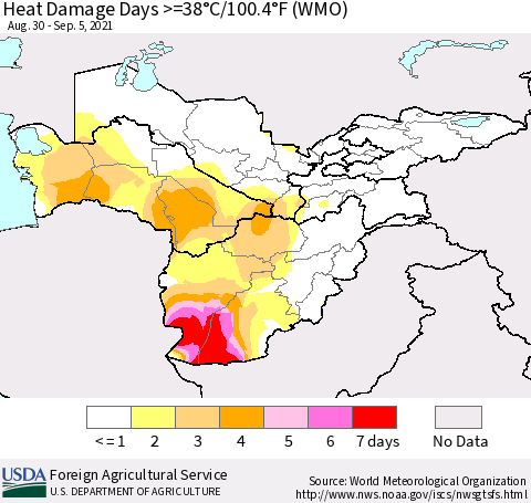 Central Asia Heat Damage Days >=38°C/100°F (WMO) Thematic Map For 8/30/2021 - 9/5/2021