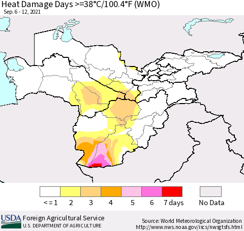 Central Asia Heat Damage Days >=38°C/100°F (WMO) Thematic Map For 9/6/2021 - 9/12/2021