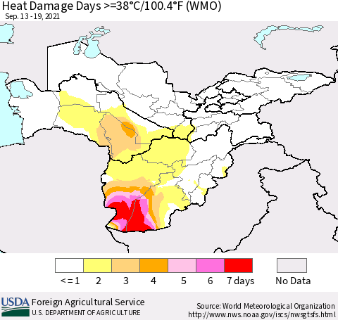 Central Asia Heat Damage Days >=38°C/100°F (WMO) Thematic Map For 9/13/2021 - 9/19/2021