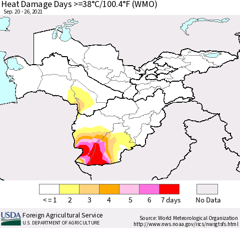 Central Asia Heat Damage Days >=38°C/100°F (WMO) Thematic Map For 9/20/2021 - 9/26/2021