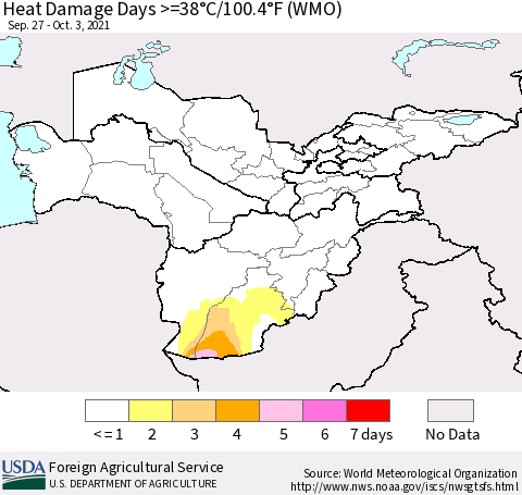 Central Asia Heat Damage Days >=38°C/100°F (WMO) Thematic Map For 9/27/2021 - 10/3/2021