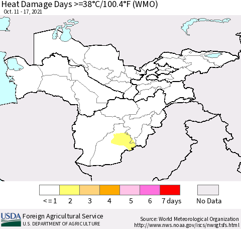 Central Asia Heat Damage Days >=38°C/100°F (WMO) Thematic Map For 10/11/2021 - 10/17/2021
