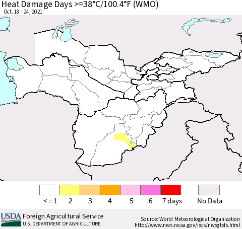 Central Asia Heat Damage Days >=38°C/100°F (WMO) Thematic Map For 10/18/2021 - 10/24/2021