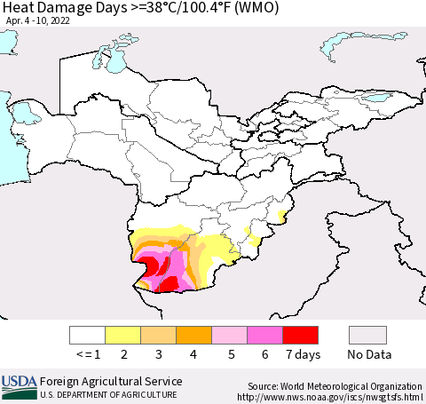 Central Asia Heat Damage Days >=38°C/100°F (WMO) Thematic Map For 4/4/2022 - 4/10/2022