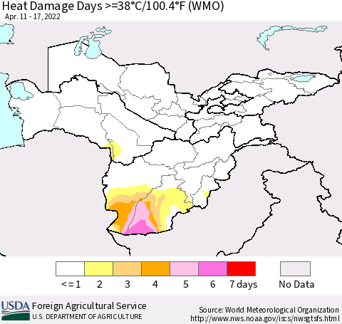 Central Asia Heat Damage Days >=38°C/100°F (WMO) Thematic Map For 4/11/2022 - 4/17/2022