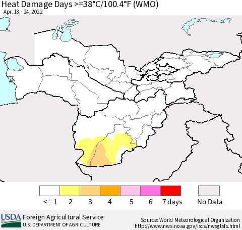 Central Asia Heat Damage Days >=38°C/100°F (WMO) Thematic Map For 4/18/2022 - 4/24/2022