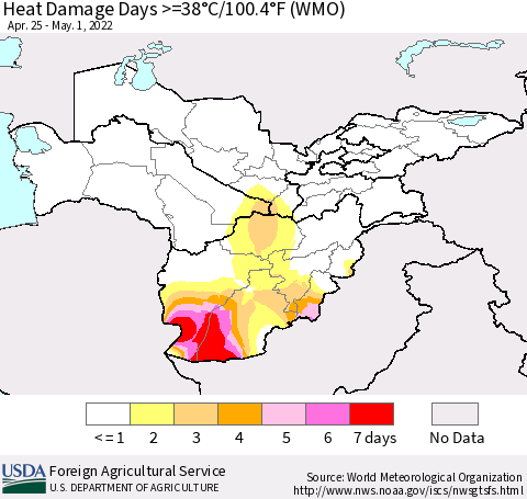 Central Asia Heat Damage Days >=38°C/100°F (WMO) Thematic Map For 4/25/2022 - 5/1/2022