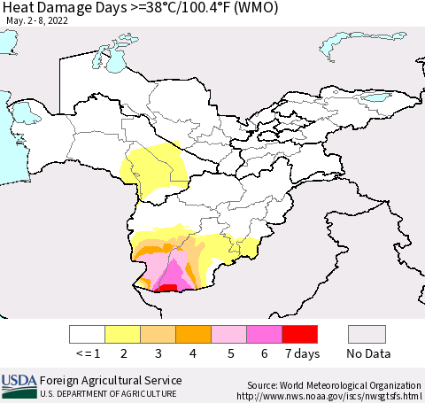 Central Asia Heat Damage Days >=38°C/100°F (WMO) Thematic Map For 5/2/2022 - 5/8/2022