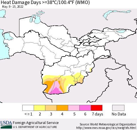Central Asia Heat Damage Days >=38°C/100°F (WMO) Thematic Map For 5/9/2022 - 5/15/2022