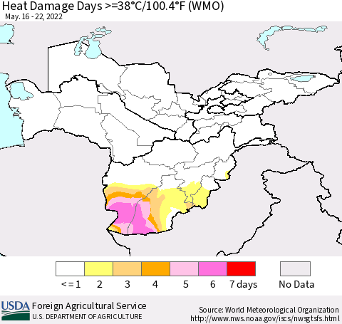 Central Asia Heat Damage Days >=38°C/100°F (WMO) Thematic Map For 5/16/2022 - 5/22/2022
