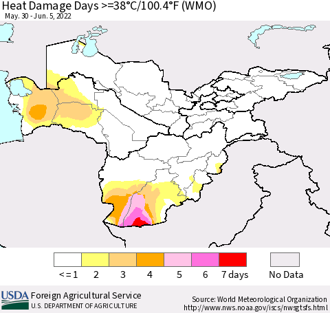 Central Asia Heat Damage Days >=38°C/100°F (WMO) Thematic Map For 5/30/2022 - 6/5/2022