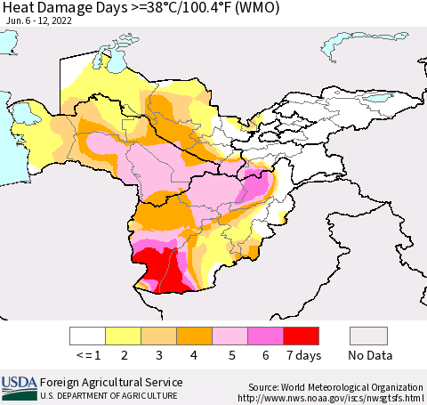 Central Asia Heat Damage Days >=38°C/100°F (WMO) Thematic Map For 6/6/2022 - 6/12/2022