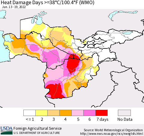 Central Asia Heat Damage Days >=38°C/100°F (WMO) Thematic Map For 6/13/2022 - 6/19/2022