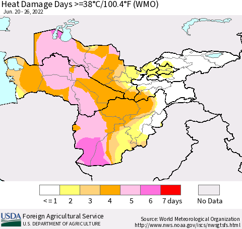 Central Asia Heat Damage Days >=38°C/100°F (WMO) Thematic Map For 6/20/2022 - 6/26/2022