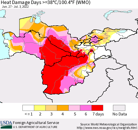 Central Asia Heat Damage Days >=38°C/100°F (WMO) Thematic Map For 6/27/2022 - 7/3/2022