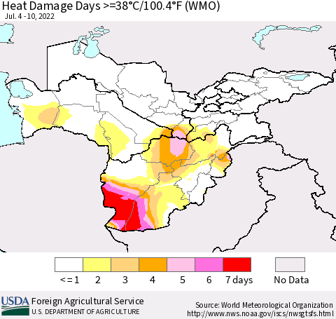 Central Asia Heat Damage Days >=38°C/100°F (WMO) Thematic Map For 7/4/2022 - 7/10/2022
