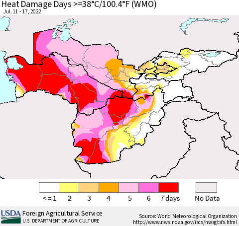 Central Asia Heat Damage Days >=38°C/100°F (WMO) Thematic Map For 7/11/2022 - 7/17/2022
