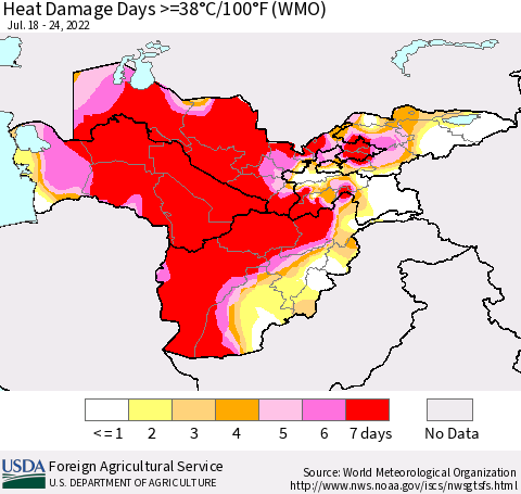 Central Asia Heat Damage Days >=38°C/100°F (WMO) Thematic Map For 7/18/2022 - 7/24/2022