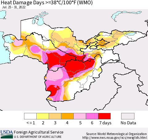 Central Asia Heat Damage Days >=38°C/100°F (WMO) Thematic Map For 7/25/2022 - 7/31/2022