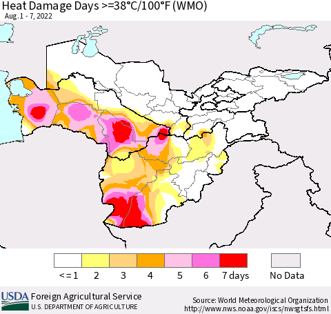 Central Asia Heat Damage Days >=38°C/100°F (WMO) Thematic Map For 8/1/2022 - 8/7/2022