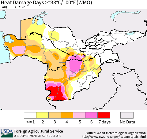 Central Asia Heat Damage Days >=38°C/100°F (WMO) Thematic Map For 8/8/2022 - 8/14/2022