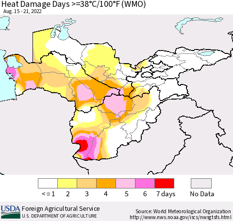Central Asia Heat Damage Days >=38°C/100°F (WMO) Thematic Map For 8/15/2022 - 8/21/2022
