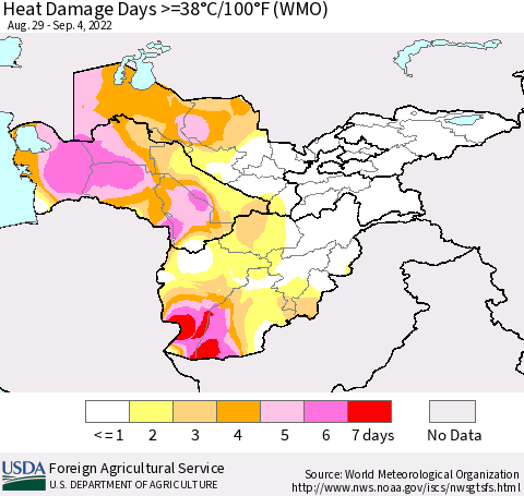 Central Asia Heat Damage Days >=38°C/100°F (WMO) Thematic Map For 8/29/2022 - 9/4/2022