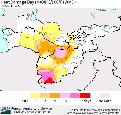 Central Asia Heat Damage Days >=38°C/100°F (WMO) Thematic Map For 9/5/2022 - 9/11/2022