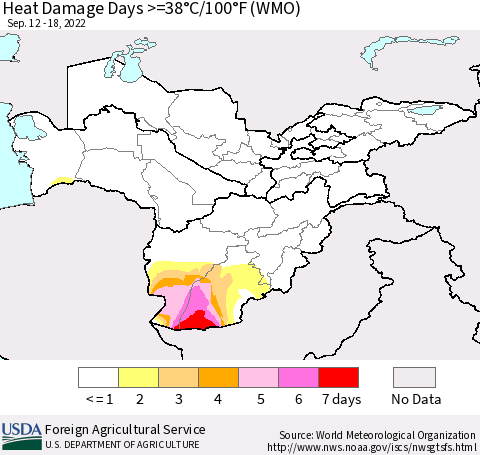 Central Asia Heat Damage Days >=38°C/100°F (WMO) Thematic Map For 9/12/2022 - 9/18/2022