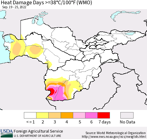 Central Asia Heat Damage Days >=38°C/100°F (WMO) Thematic Map For 9/19/2022 - 9/25/2022
