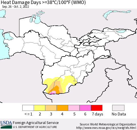 Central Asia Heat Damage Days >=38°C/100°F (WMO) Thematic Map For 9/26/2022 - 10/2/2022