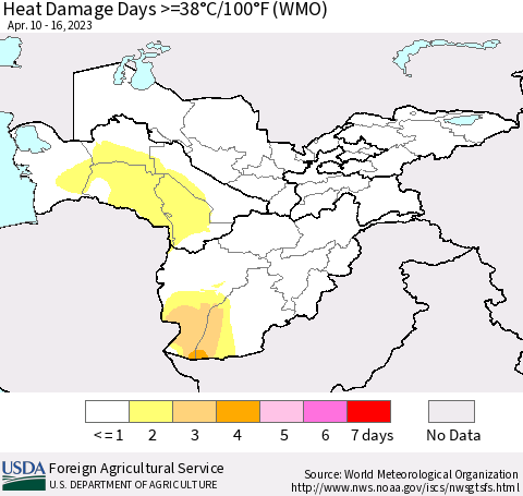 Central Asia Heat Damage Days >=38°C/100°F (WMO) Thematic Map For 4/10/2023 - 4/16/2023