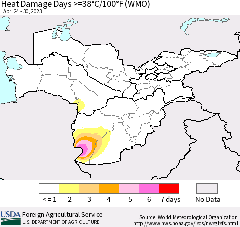 Central Asia Heat Damage Days >=38°C/100°F (WMO) Thematic Map For 4/24/2023 - 4/30/2023