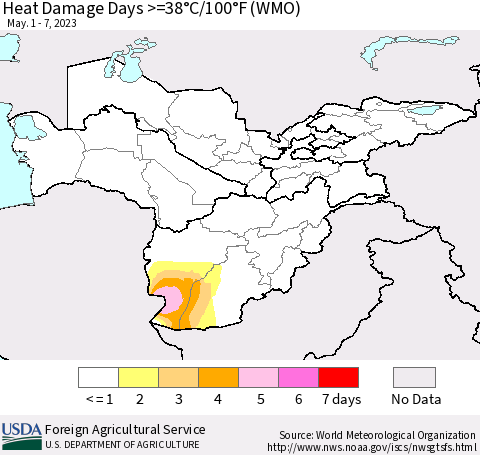 Central Asia Heat Damage Days >=38°C/100°F (WMO) Thematic Map For 5/1/2023 - 5/7/2023